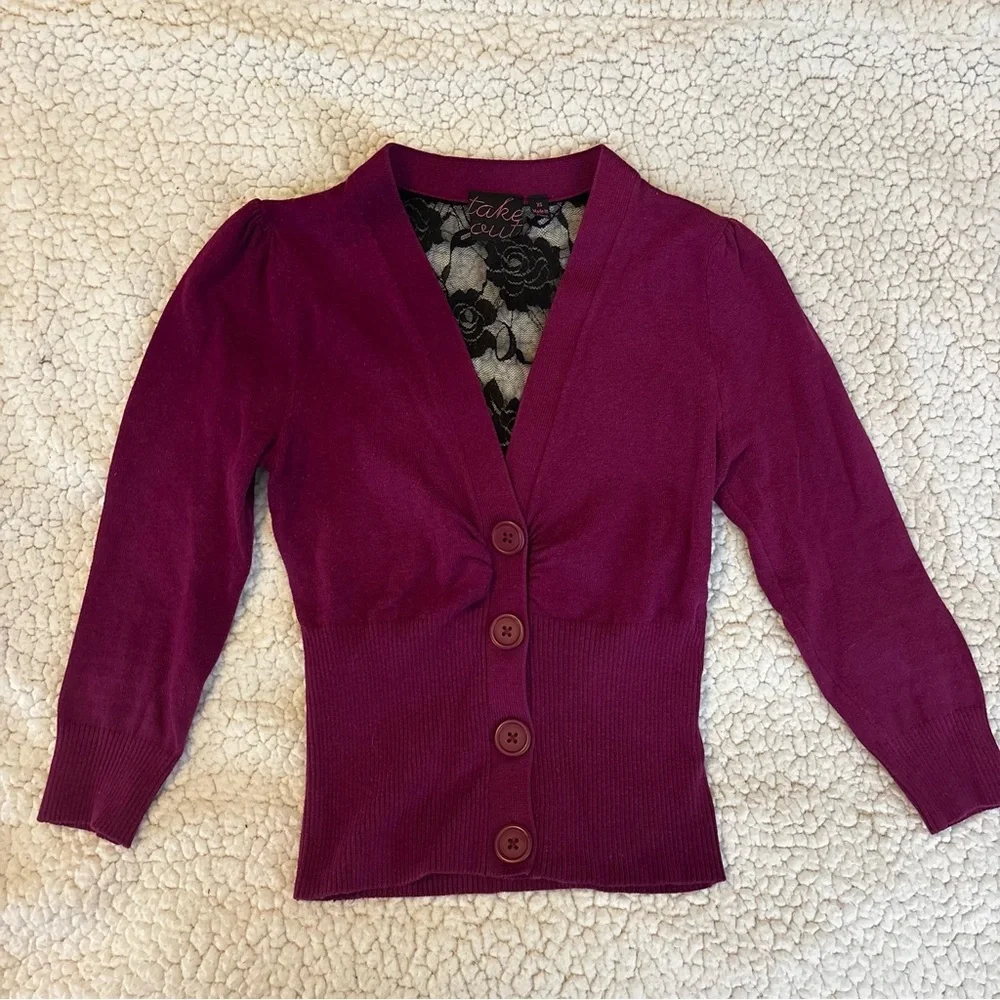 Purple Cardigan with Black Lace Detail